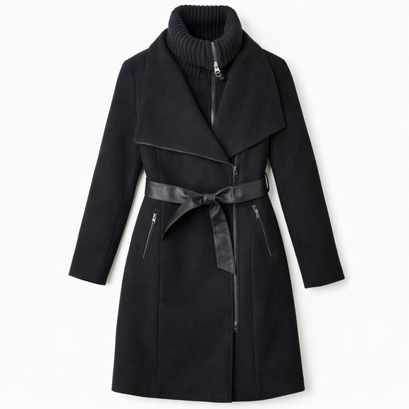 Mackage Jackets & Blazers - Mackage Nori 2-in-1 Black Wool Cashmere Double Collar Wrap Coat Leather Belt Zip